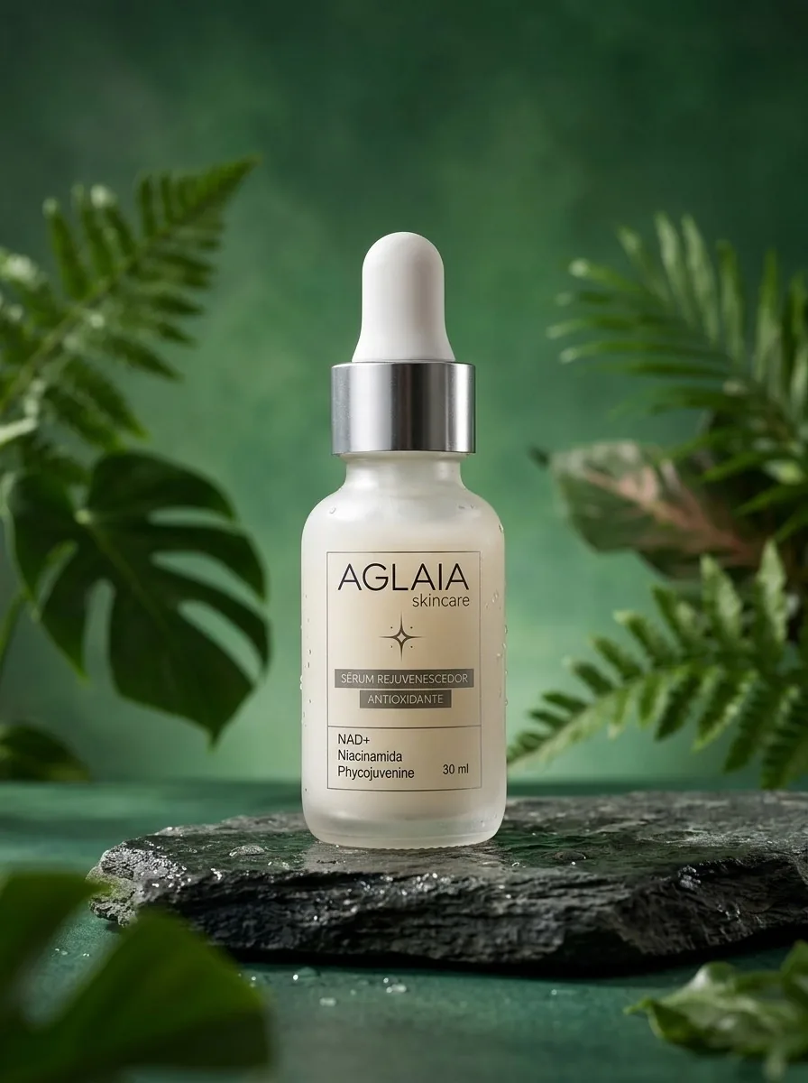 Sérum Aglaia Skincare sobre pedra, entre folhagens